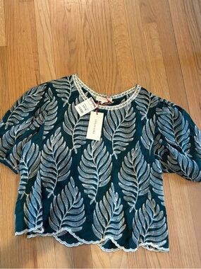 Solitaire Teal Blouse with White Leaf Embroidery